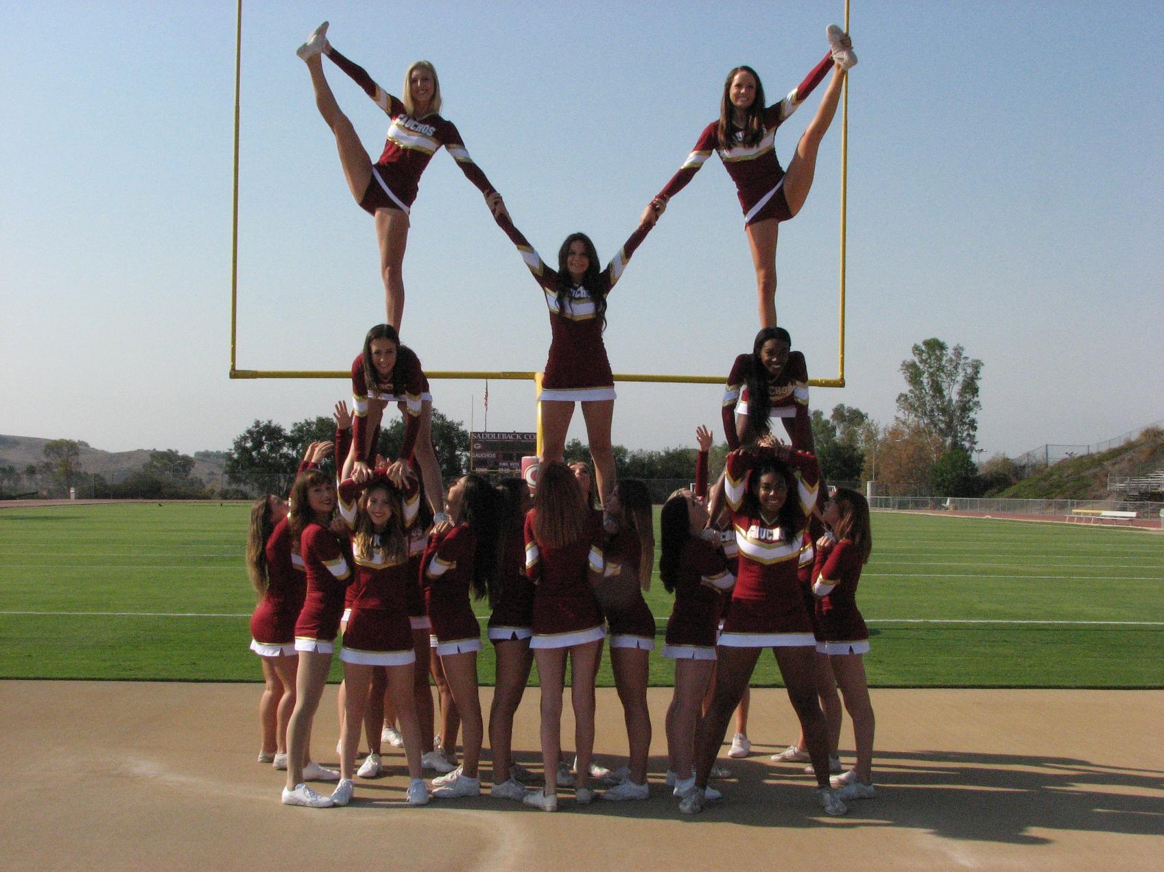 One of the many stunting formations from the 2016 Saddleback College cheerleaders.